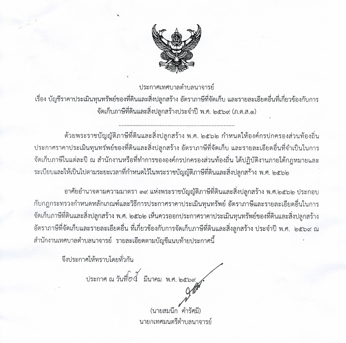 ประกาศเทศบาลตำบลนาจารย์ เรื่อง บัญชีราคาประเมินทุนทรัพย์ของที่ดินและสิ่งปลูกสร้าง อัตราภาษีที่จัดเก็บ และรายละเอียดอื่นที่เกี่ยวข้องกับการจัดเก็บภาษีที่ดินและสิ่งปลูกสร้างประจำปี พ.ศ. 2569 (ภ.ด.ส.1)